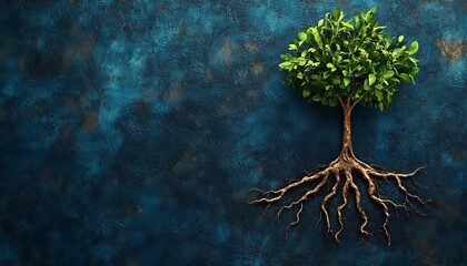 Single Green Tree With Digital Neuron Roots On Blue Textured Background, Concept Of Growth, Life.