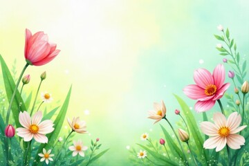 Fototapeta premium Watercolor abstract spring background with fresh greenery and pastel colors, pastel, peaceful