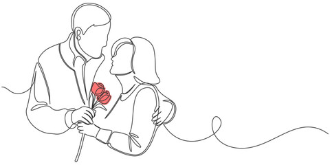 Continuous line drawing of romantic couple hug. Single one line art of happy couple hold a red rose flower looking in the same direction.