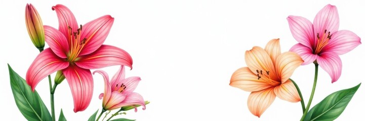 Fototapeta premium Watercolor botanical illustration of lilies and orchids, lilies, watercolor