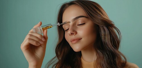 Obraz premium A young woman holding a glass pipette with a drop of oil, carefully massaging it into the strands of her hair for a revitalizing treatment.