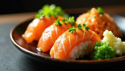 Close-up vibrant sushi platter, ginger, wasabi, seaweed, tempura