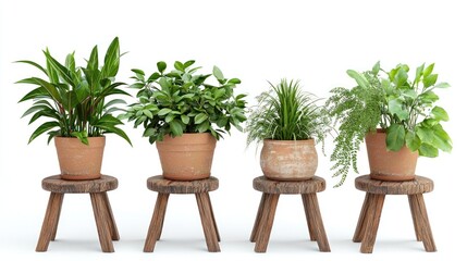 Fototapeta premium Indoor Plants in Pots on Wooden Stools, Isolated White Background