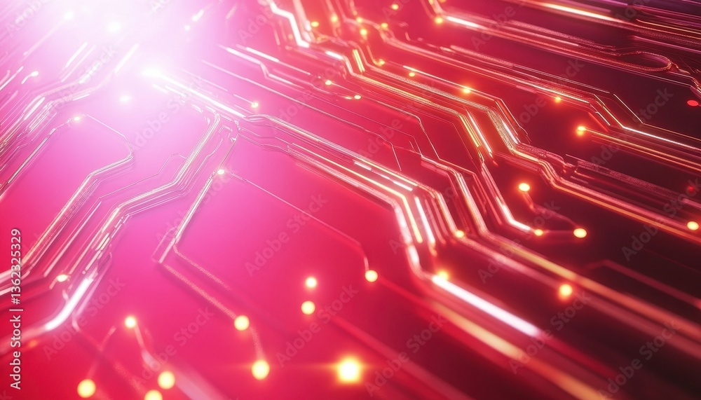 Poster Abstract Pink And Red Circuit Board Background With Glowing Lines
