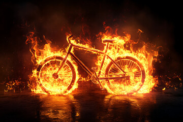 Obraz premium A fiery bicycle engulfed in flames, set against a dark backdrop with smoke and glowing embers