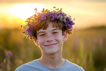 Golden hour in sunset. Happy caucasian teenager boy with brown hair wearing purple flower circlet on his head. Happy sunny days holidays creative. Boy glowing in the golden sunlight.