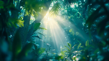 Obraz premium Tranquil light rays in a vibrant forest