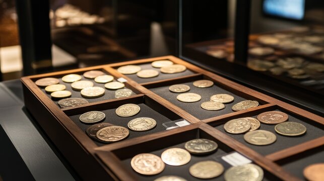 Vintage coin collection displayed in wooden partitioned box at museum