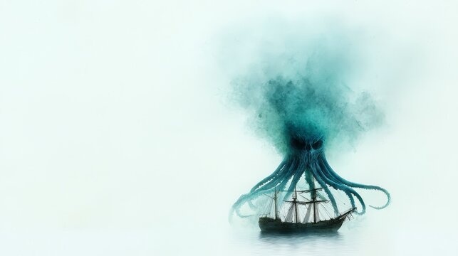 Mysterious Sea Monster Rising Above an Ancient Ship in a Misty Ocean Environment
