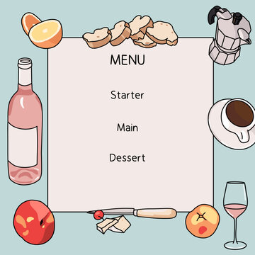 Fun Menu Template with Food and Drinks Vector Illustration for Dinner party Foodie Events