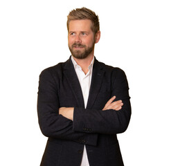 Young caucasian man wearing elegant clothing with arms folded looking side isolated over transparent background. PNG transparent.