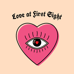 Minimalistic vector illustration of a love heart with an eye in the middle and description ove at First Sight. Perfect for modern, surreal, and mystical designs, symbolizing vision, passion