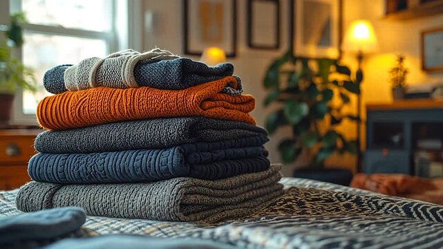Cozy living room with neatly stacked colorful blankets on a bed
