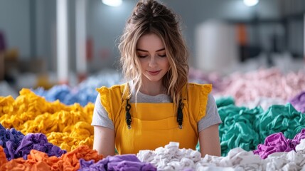 Thoughtful charity worker sorting garments in a donation center, contributing to a humanitarian cause.