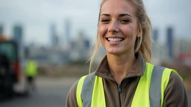 Trabajadora de servicios urbanos con chaleco reflectante en la ciudad