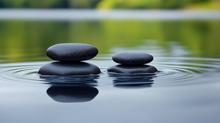 Serene Stacked Stones on Tranquil Water: A Zen-like Landscape Photography