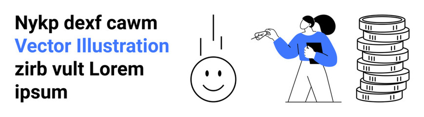 Woman pointing at a smiling face and stack of coins, holding a tablet. Ideal for creativity, teamwork, business ideas, finance, presentations, analytics, and simple landing page