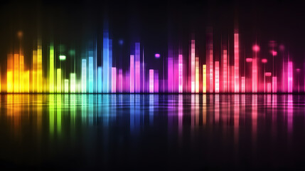 vibrant display of abstract neon sound bars in various colors including red orange yellow green blue and purple set against deep black background creating dynamic and energetic atmosphere