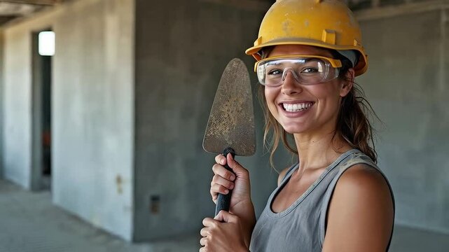Mujer alba&ntilde;il sonriendo con casco y llana en obra en construcci&oacute;n