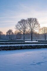 snowy park with trees and a bench in the middle of the snow