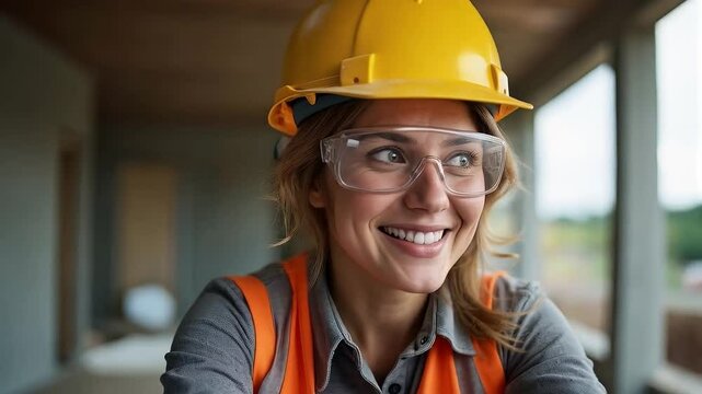 Mujer alba&ntilde;il sonriente con casco y gafas en obra en construcci&oacute;n