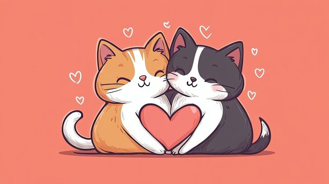 A cat and dog hugging each other with hearts on their chests