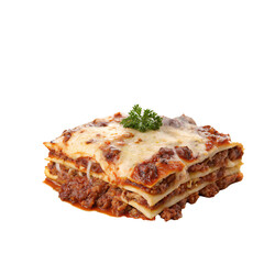 classic baked lasagna with golden cheese topping isolated on transparent background png, fresh homemade lasagna with basil garnish