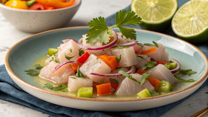 Peruvian Ceviche Clasico is a traditional Peruvian dish of fresh fish marinated in lime juice with onions, chilies and cilantro.