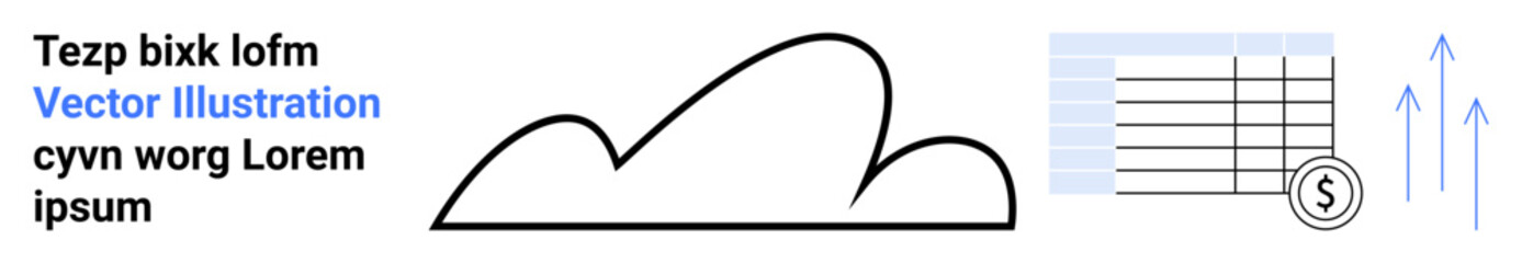 Cloud outline connected to data table with currency symbol and upward arrows indicating growth. Ideal for finance, cloud storage, analytics, economy, data management, tech innovation, simple landing