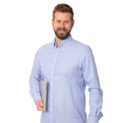 Smiling cheerful caucasian business man in glasses wearing classic shirt, standing with laptop isolated over transparent background. Business concept.