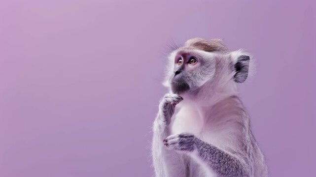 Curious monkey looking up thoughtfully on a lavender background. Intelligent animal thinking about something, funny wildlife motion picture, empty space on side.