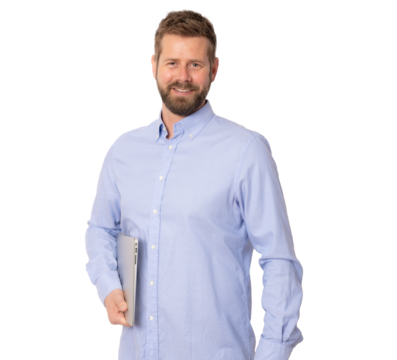 Smiling cheerful caucasian business man in glasses wearing classic shirt, standing with laptop isolated over transparent background. Business concept. - Powered by Adobe
