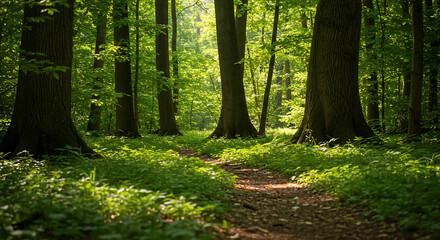 Obraz premium A path through a sunlit forest with tall green trees