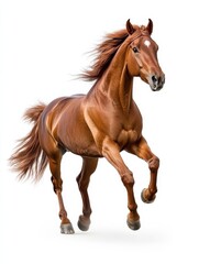 Obraz premium Chestnut horse in full gallop against a white background. Dynamic pose, windswept mane and tail. High resolution image