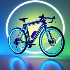 Fototapeta premium Image is a digital artwork featuring a futuristic, neon-style bicycle set against a blue and green background