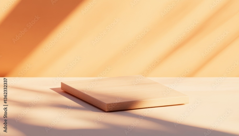 Poster beige stone product display platform with soft sunlight shadows