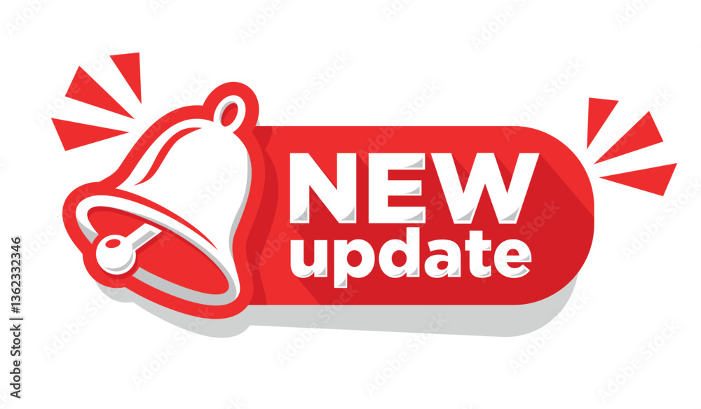 Fototapete modern label new update on red ribbon with bell. banner with notification bell, announcement for new