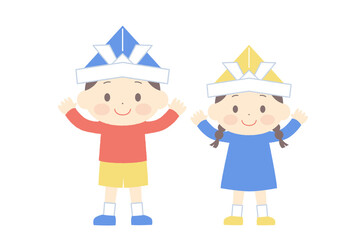 兜をかぶってバンザイをする男の子と女の子のベクターイラスト