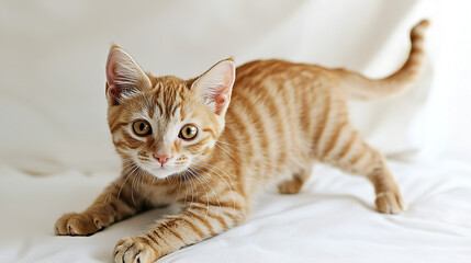 A kitten with a white face and orange fur is playing on a white surface