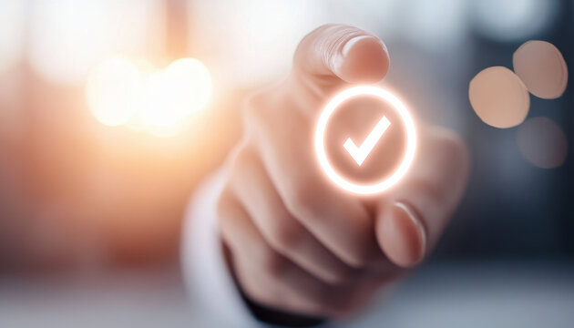 hand is reaching out to touch glowing checkmark symbol, representing approval and satisfaction. This conveys sense of assurance and confidence decision making, highlighting importance of legal