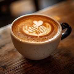 Delicious Cappuccino in Artistic Mug with Beautiful Latte Art on Wooden Table