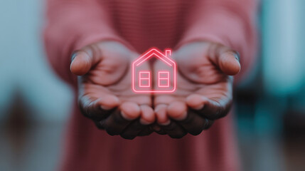 person holds out their hands with glowing house icon symbolizing security and comfort. This reflects importance of insurance and legal policies ensuring satisfaction and protection for homeowners