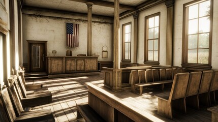 Obraz premium Empty courtroom, antique wooden interior, American flag, sunny day, stock photo