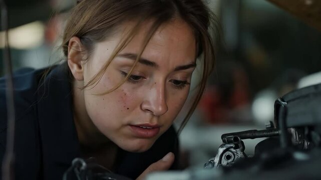 Mujer inspeccionando parte del motor con expresi&oacute;n concentrada