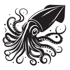 Black Color Squid Silhouette Vector Illustration, Solid White Background