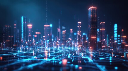Futuristic city skyline with digital network, use for technology