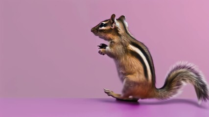 Funny chipmunk standing up and waving hello on pink backdrop stock video. Cute rodent gesturing a greeting or saying goodbye on copy space friendly background.