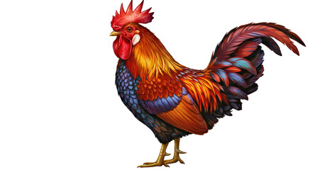 Fototapeta premium A Lifelike Rooster in a Proud Stance, Showcasing Vibrant, Naturally Layered Feathers in Deep Reds, Golds, and Blacks