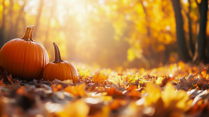 Autumn harvest: Pumpkins on a bed of golden autumn leaves in a sunlit forest, seasonal fall landscape for thanksgiving print