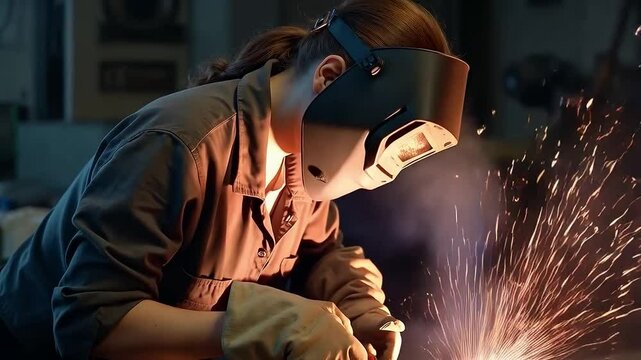 Mujer soldadora trabajando con antorcha en taller industrial